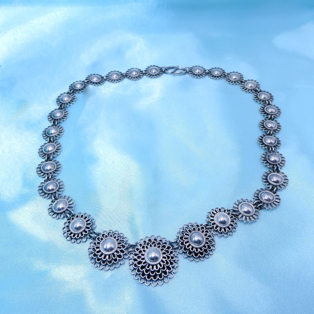 Sterling Silver 925 Southwest Graduated Flower 17.5" Vintage Necklace Solid 55g